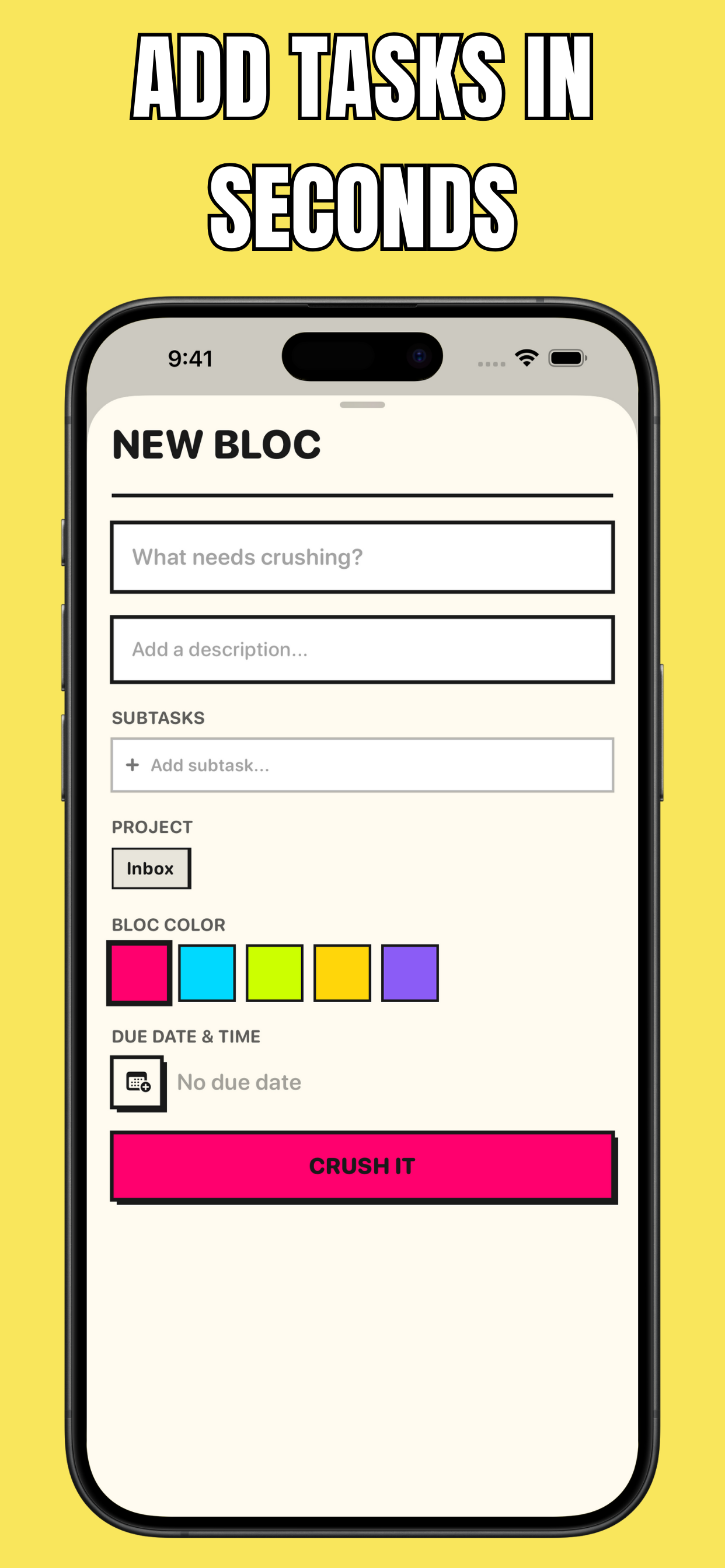 Bloc app task creation screen with subtasks and color picker