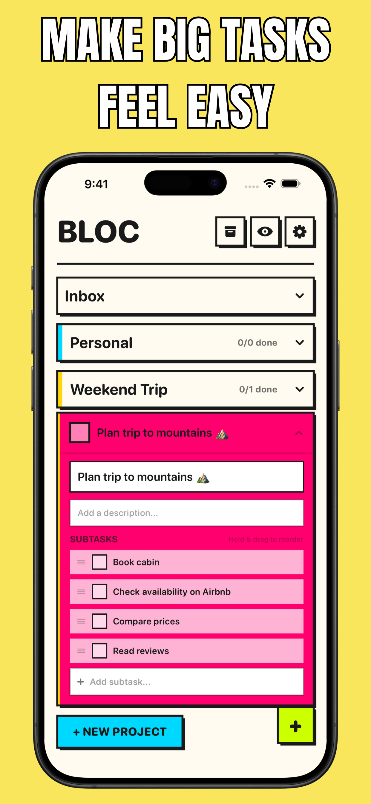 Bloc app showing subtask breakdown for a trip planning task