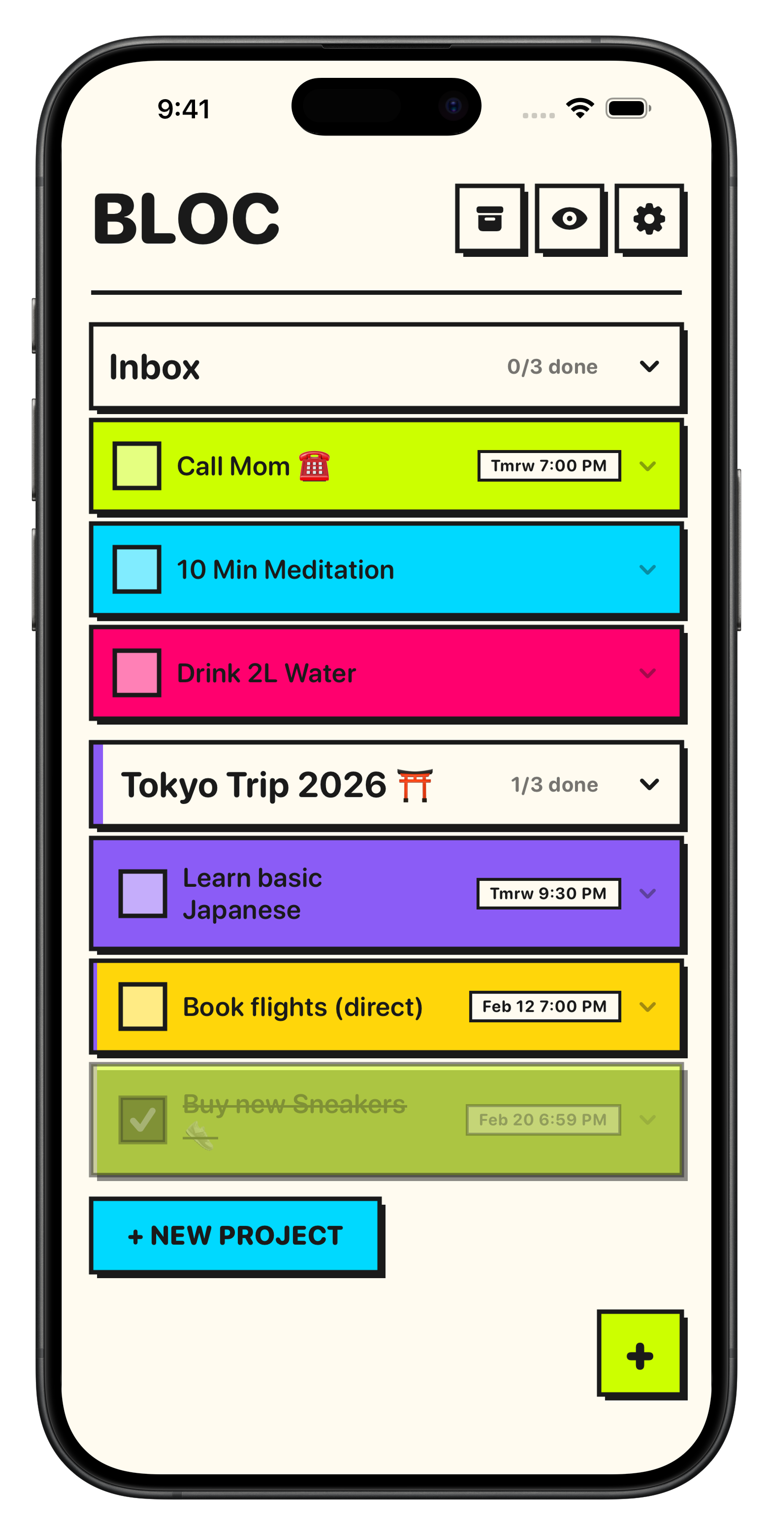 Bloc app overview with colorful tasks